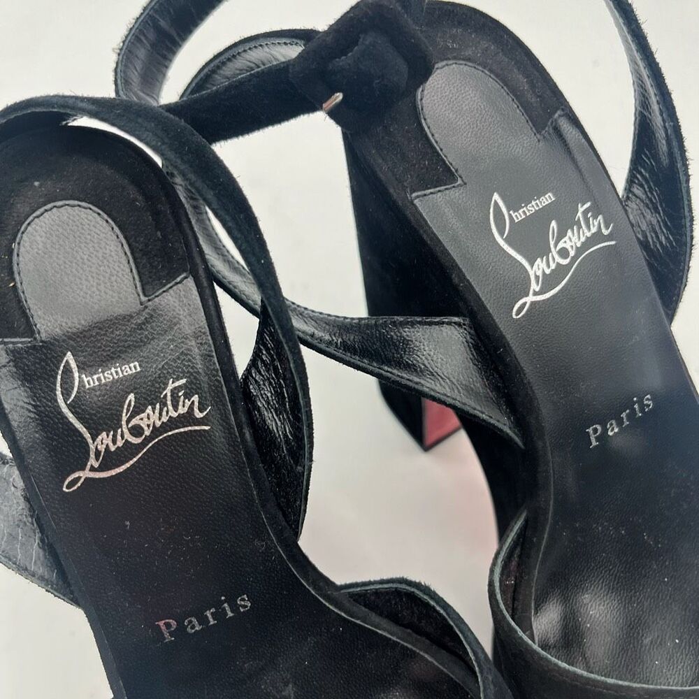 CHRISTIAN LOUBOUTIN Superyaz Platform Heels Size 37.5 Black Suede Ankle Strap - Picture 10 of 12